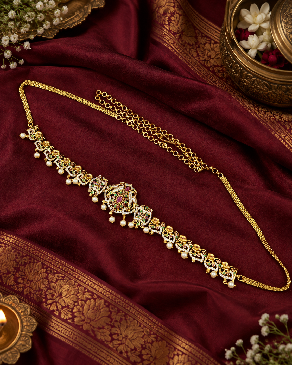 Multi-Stone Ethnic Waist Belt with Pearl Droplets